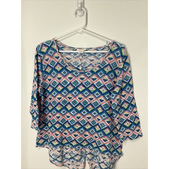 Wrangler Womens Pink/blue/yellow Aztec Lacey 3/4 Sleeve Top Split Tail - Picture 2 of 5